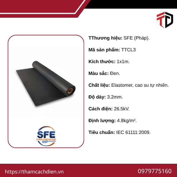 Thảm cách điện SFE Class 3 1x1m 3,20mm 26,5kV