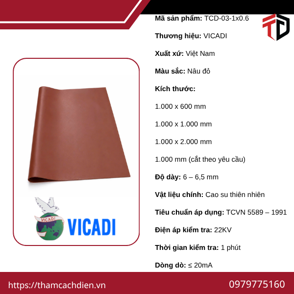 Thảm cao su cách điện VICADI 22KV bằng cao su thiên nhiên, dày 6–6,5mm, đạt TCVN 5589-1991, phù hợp sử dụng tại tủ điện, trạm điện, phòng kỹ thuật và nhà xưởng.