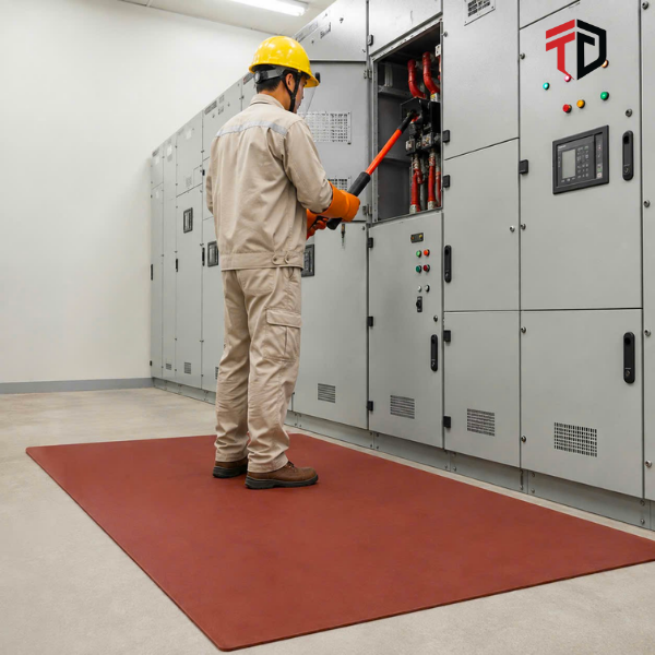 Thảm cao su cách điện VICADI 22KV bằng cao su thiên nhiên, dày 6–6,5mm, đạt TCVN 5589-1991, phù hợp sử dụng tại tủ điện, trạm điện, phòng kỹ thuật và nhà xưởng.
