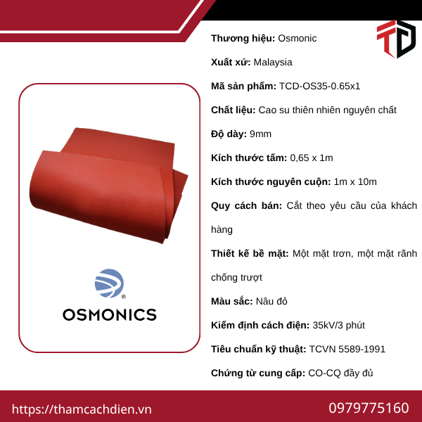 Thảm cách điện Osmonics 35KV/3 phút (0.65x1m) bằng cao su thiên nhiên nguyên chất, dày 9mm, mặt trơn và rãnh chống trượt, đạt TCVN 5589-1991, có CO-CQ.
