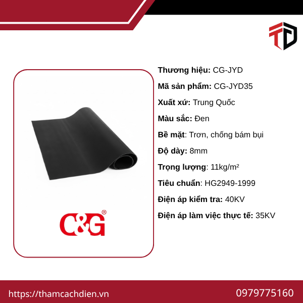 Thảm cách điện CG-JYD 35KV, thảm trơn chính hãng, chất liệu cao su cách điện, phù hợp sử dụng tại tủ điện, trạm điện, nhà máy và khu vực có thiết bị điện.