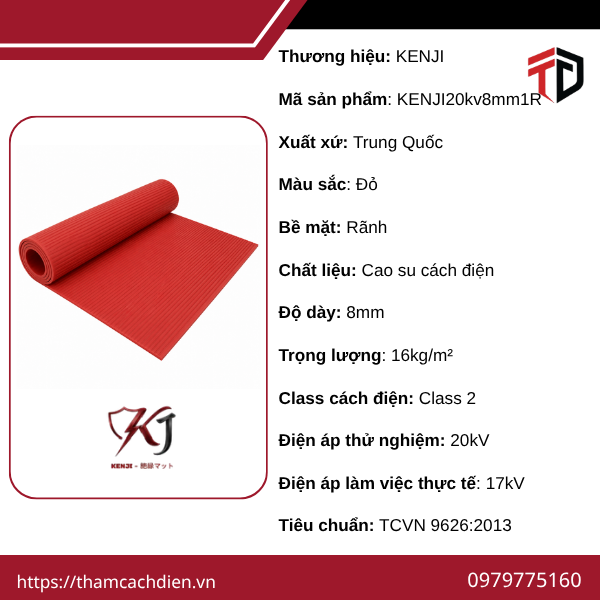 Thảm Cách Điện KENJI 20kV, Thảm Cách Điện KENJI 20kV Dày 8mm, Thảm Cách Điện KENJI 20kV Rãnh Đỏ