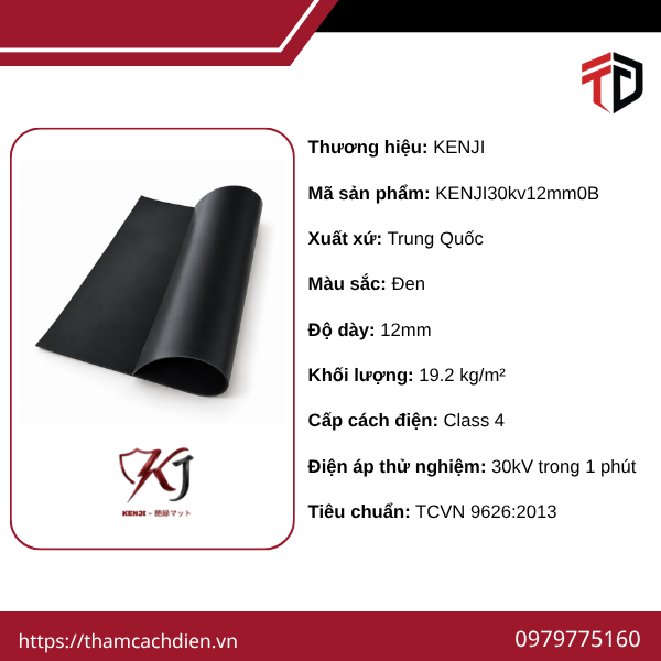 Thảm cách điện KENJI 30kV, Thảm cách điện KENJI 30kV dày 12mm, Thảm cách điện KENJI 30kV mặt trơn